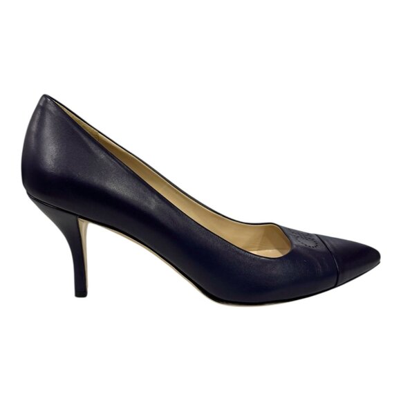 Salvatore Ferragamo Navy Leather Pumps Size 10 B Made in Italy Pointed Toe Logo - Picture 6 of 13